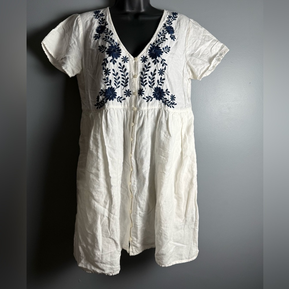 Madewell Embroidered Linen-Blend Alexandra Button-Front Mini Dress Sz S